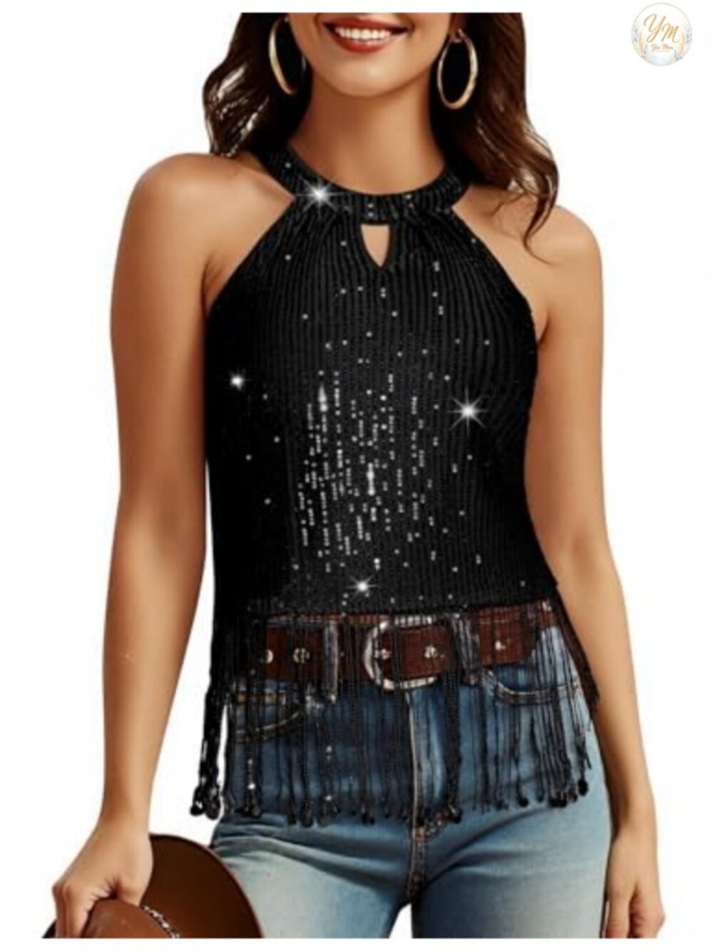 Sequin Fringe Halter Top Sleeveless Party Concert Women's